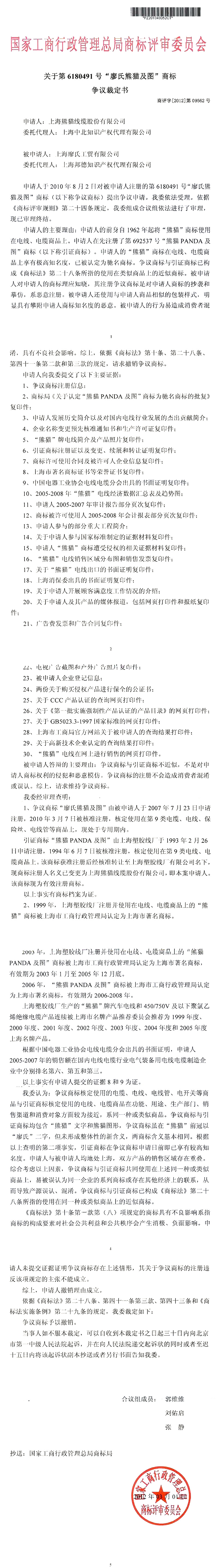 國家工商行政管理總局商標(biāo)評審委員會裁定“廖氏熊貓及圖”商標(biāo)侵權(quán)